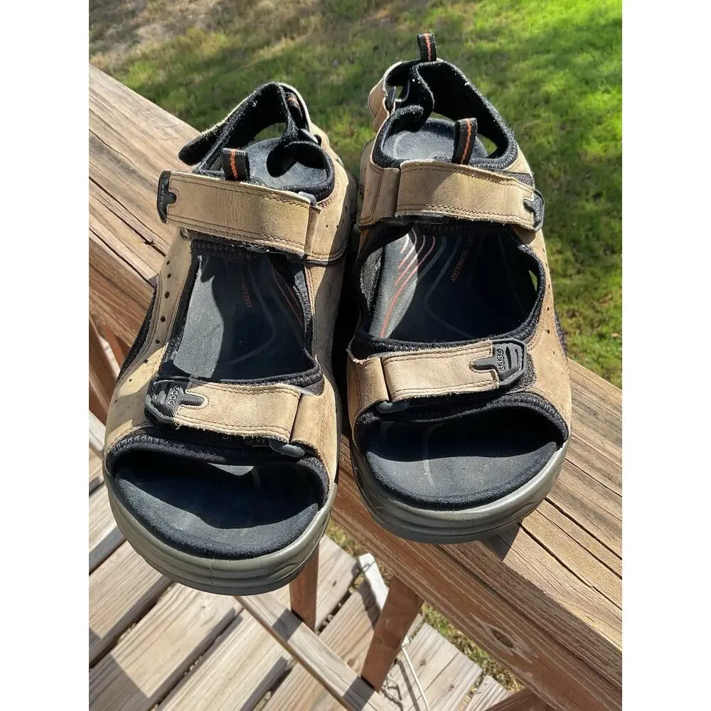 MEN’S ECCO LEATHER STRAP SANDALS SIZE 11-11.5 BROWN BLACK HIKING OUTDOORS_2